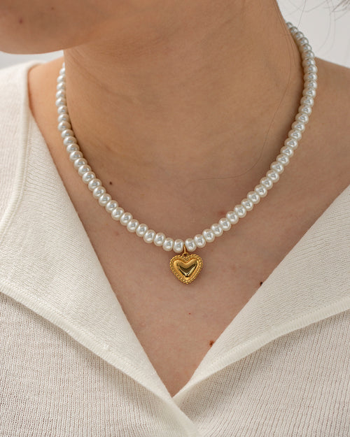 18K Gold Plated Pearl Heart Pendant Necklace | Non-Tarnish Trendy Layered Necklace