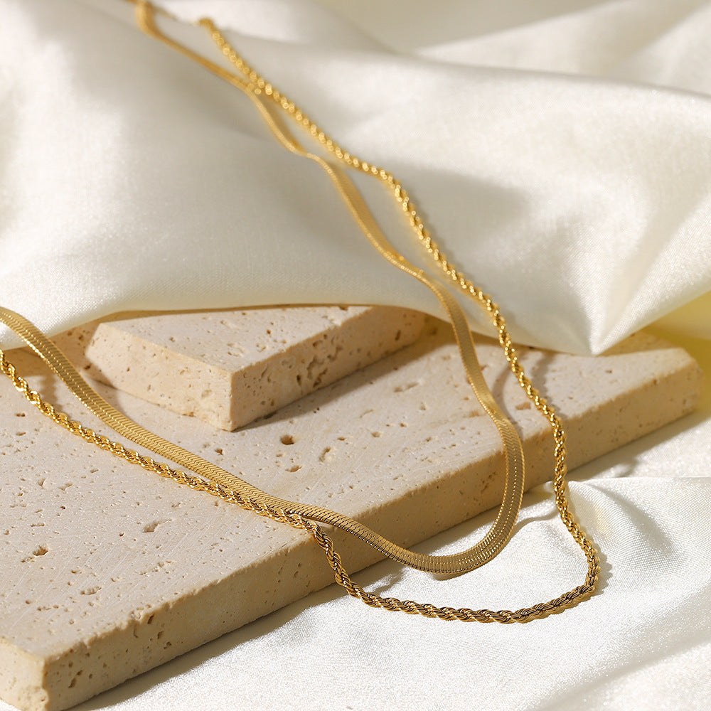 18K Gold Plated Double Layer Necklace for Women – Minimalist Snake Chain & Twisted Chain, Chic Luxury Jewelry Gift