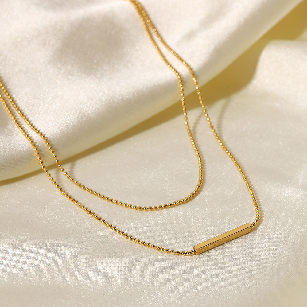 INS Double Layer T-Bar Necklace – 18K Gold Plated Stainless Steel | Minimalist Waterproof Pendant for Women