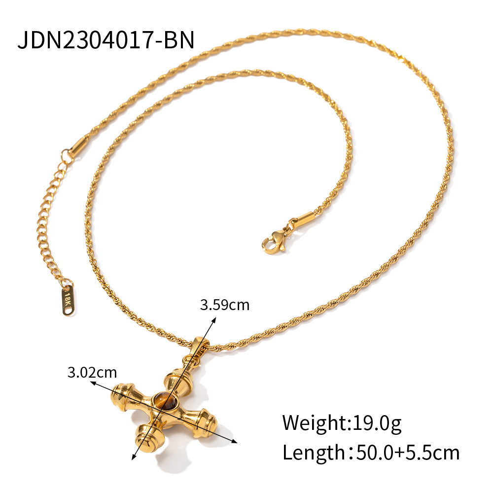 18K Gold Plated Stainless Steel Cross Necklace with Tiger Eye Pendant – Hypoallergenic Jewelry for Women