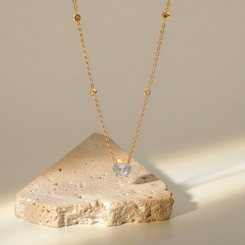 18K Gold Heart Zircon Necklace – Waterproof Stainless Steel | Elegant INS Style Pendant for Women