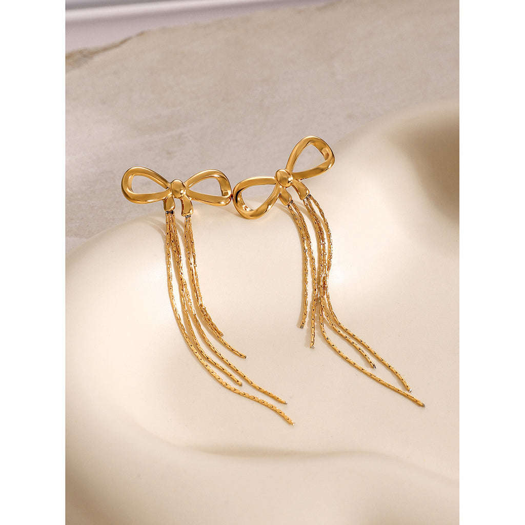 18K Gold Plated Stainless Steel Bow Tassel Earrings – Elegant & Minimalist Design