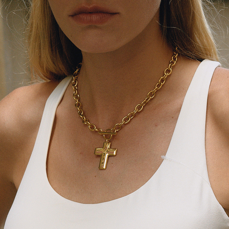 Luxury Cross Pendant Necklace – Stainless Steel OT Clasp Choker, Tarnish-Free Elegant Jewelry for Women
