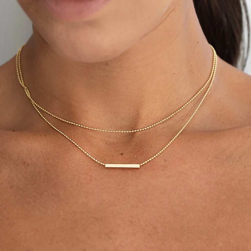 INS Double Layer T-Bar Necklace – 18K Gold Plated Stainless Steel | Minimalist Waterproof Pendant for Women