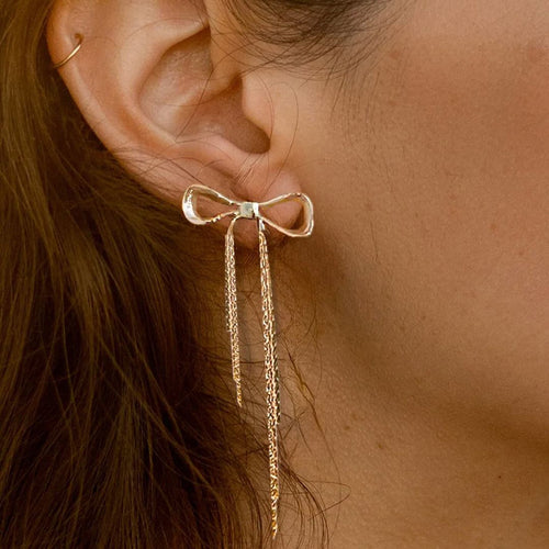 18K Gold Plated Stainless Steel Bow Tassel Earrings – Elegant & Minimalist Design