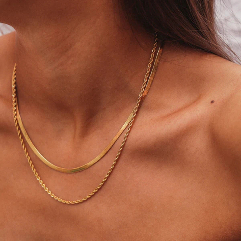 18K Gold Plated Double Layer Necklace for Women – Minimalist Snake Chain & Twisted Chain, Chic Luxury Jewelry Gift