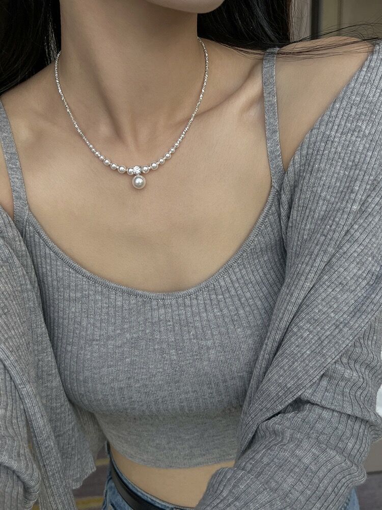 Luxury Pearl & Silver Shard Necklace for Women – Elegant Dainty Choker, Minimalist High-End Jewelry Gift